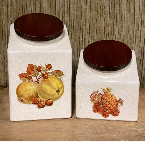 Vintage Hyalyn Pottery Canister Set, Two Fruit Pattern Canisters with Wood Lids - Picture 1 of 10